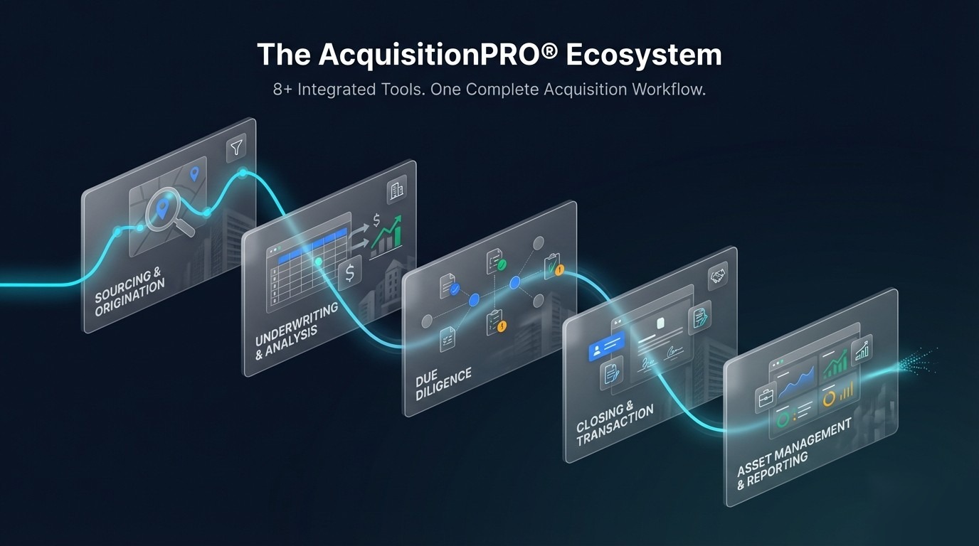 The AcquisitionPRO Ecosystem: 8+ integrated tools covering sourcing, underwriting, due diligence, closing, and asset management.